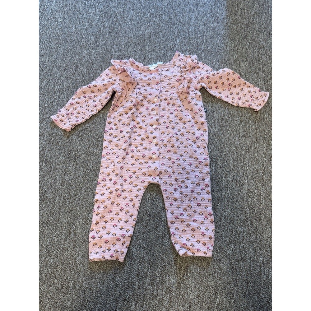 Deux Par Deux Baby Girls Muslin Jumpsuit With Ruffle Pinky Tulip Print 18M EUC